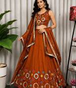 Orange Embroidery and sequins and Aari mirror Silk Blend Lahenga Choli Set