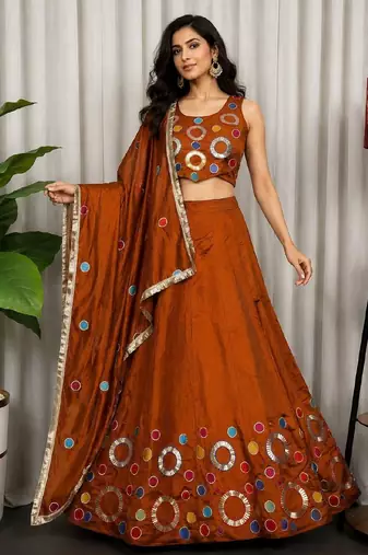 Orange Embroidery and sequins and Aari mirror Silk Blend Lahenga Choli Set