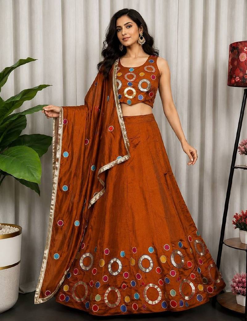 Orange Embroidery and sequins and Aari mirror Silk Blend Lahenga Choli Set