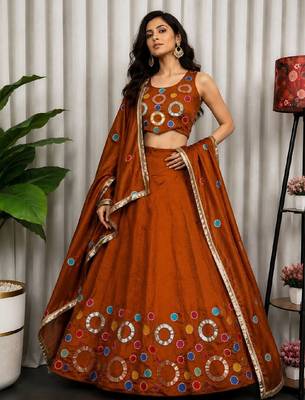 Orange Embroidery and sequins and Aari mirror Silk Blend Lahenga Choli Set 4