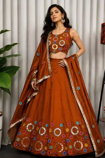 Orange Embroidery and sequins and Aari mirror Silk Blend Lahenga Choli Set