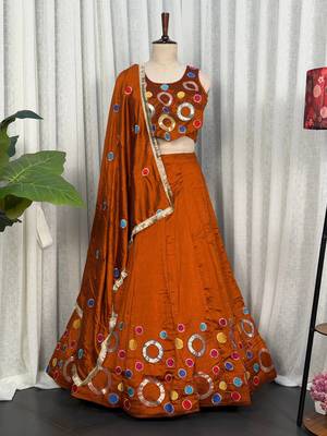 Orange Embroidery and sequins and Aari mirror Silk Blend Lahenga Choli Set 5
