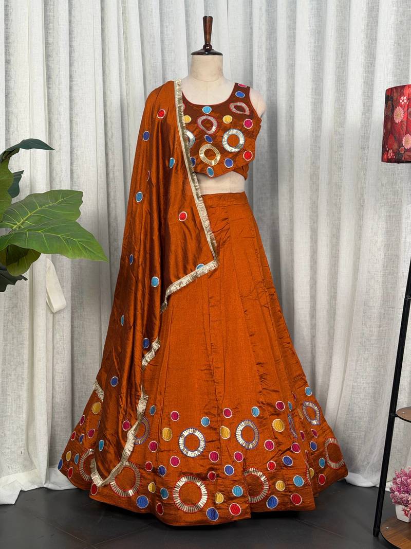 Orange Embroidery and sequins and Aari mirror Silk Blend Lahenga Choli Set