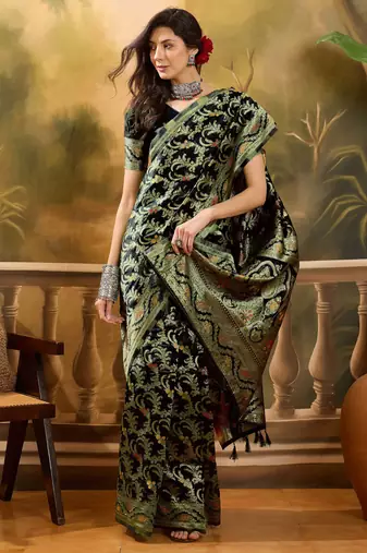 black banarasi jacquard saree with rich zari weaving & tassel pallu     includes unstitched blouse