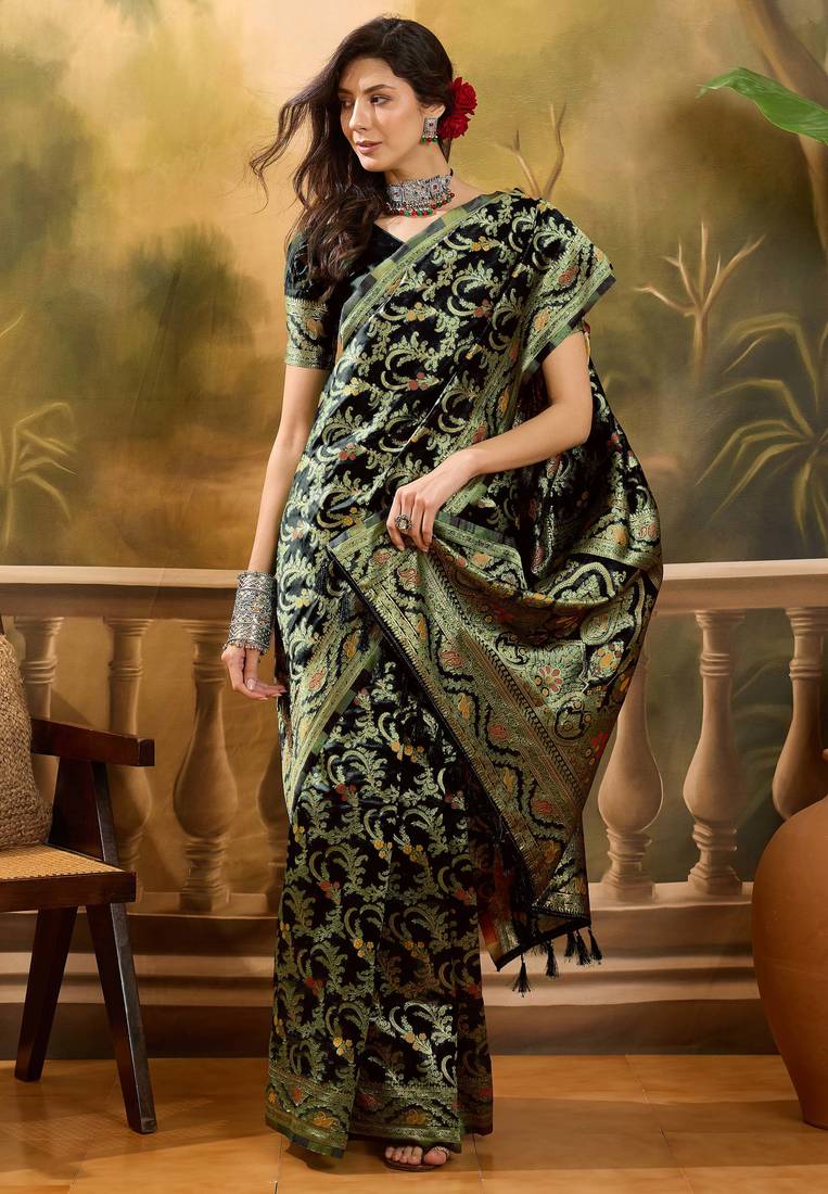 black banarasi jacquard saree with rich zari weaving & tassel pallu     includes unstitched blouse