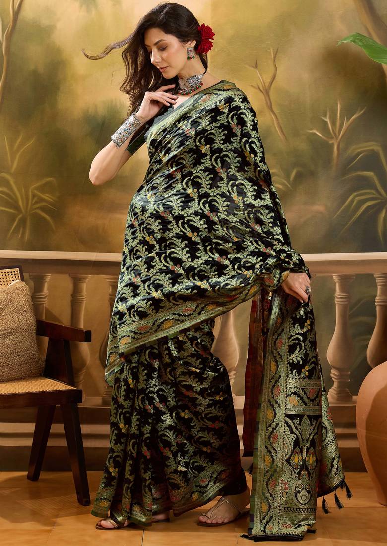 black banarasi jacquard saree with rich zari weaving & tassel pallu     includes unstitched blouse