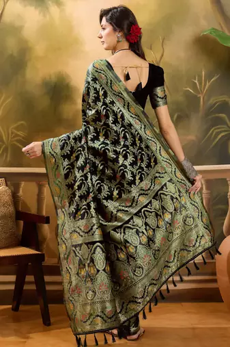black banarasi jacquard saree with rich zari weaving & tassel pallu     includes unstitched blouse
