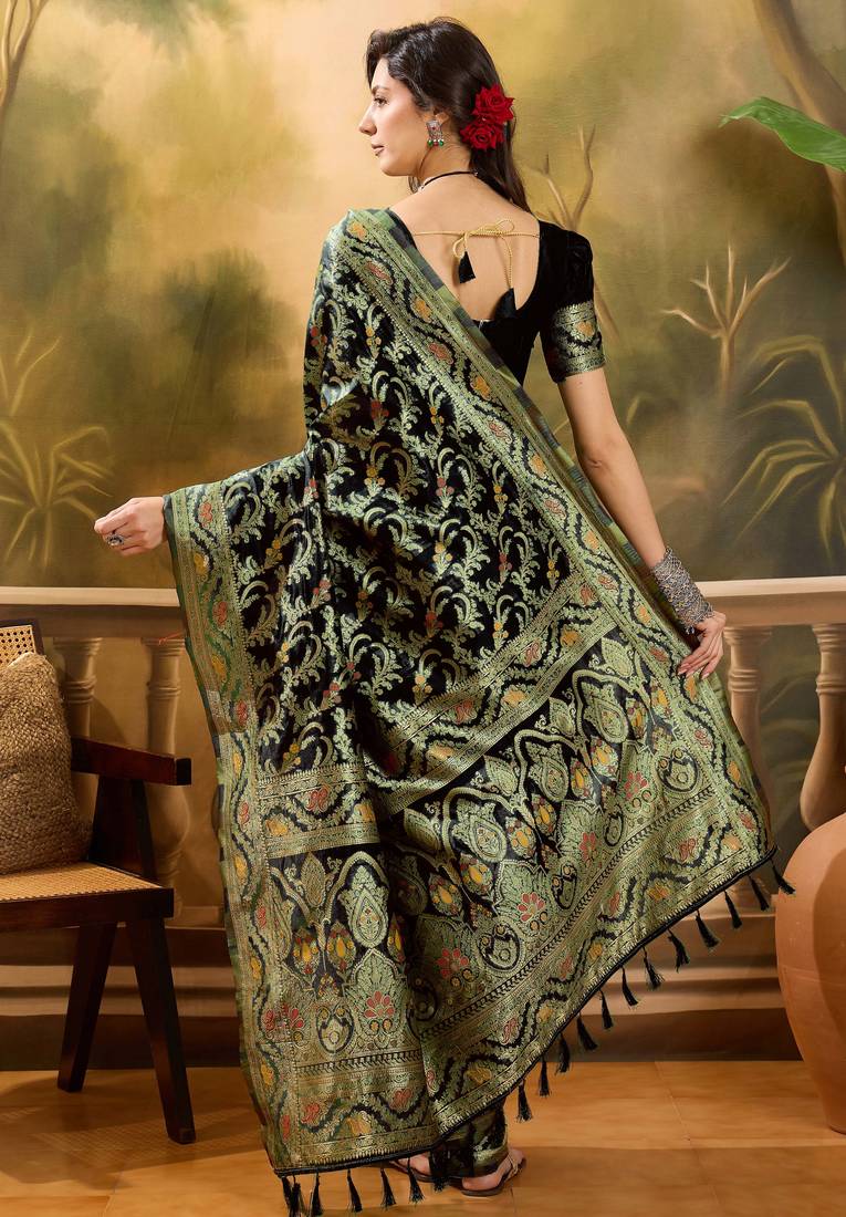 black banarasi jacquard saree with rich zari weaving & tassel pallu     includes unstitched blouse