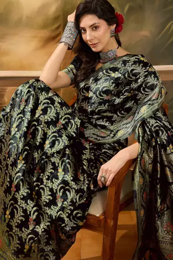 black banarasi jacquard saree with rich zari weaving & tassel pallu     includes unstitched blouse