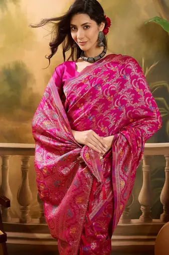 pink banarasi jacquard saree with rich zari weaving & tassel pallu     includes unstitched blouse