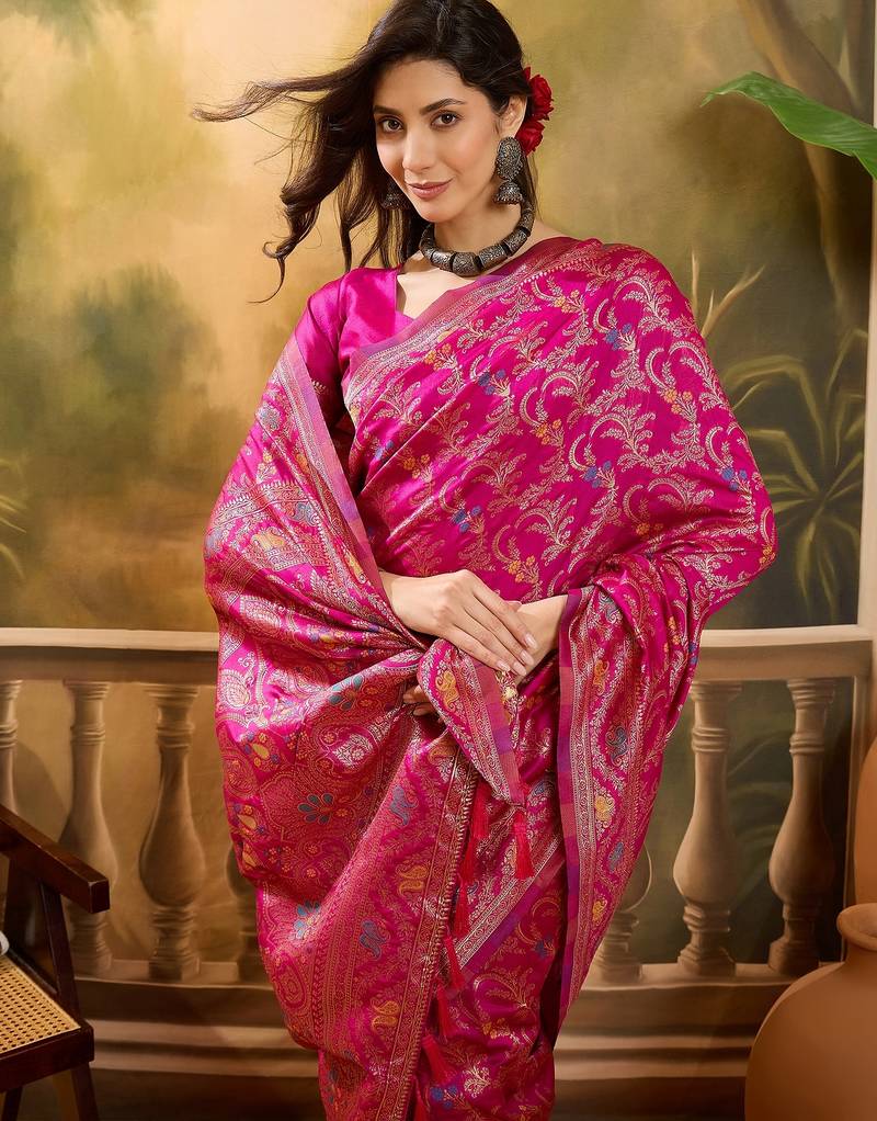 pink banarasi jacquard saree with rich zari weaving & tassel pallu     includes unstitched blouse