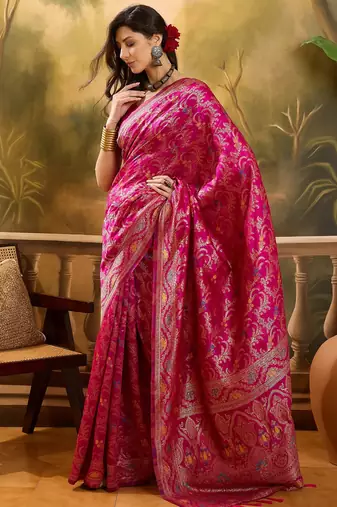 pink banarasi jacquard saree with rich zari weaving & tassel pallu     includes unstitched blouse