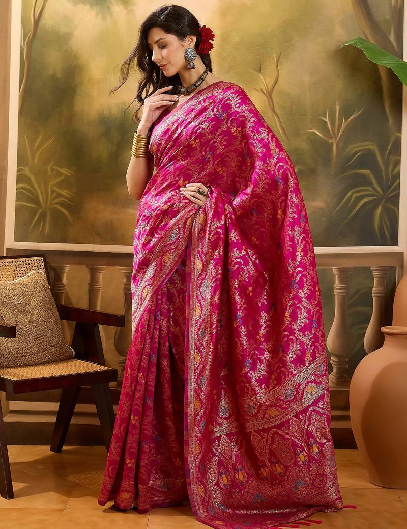 pink banarasi jacquard saree with rich zari weaving & tassel pallu     includes unstitched blouse