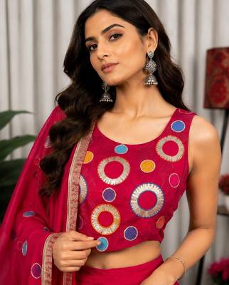 Rani Pink Embroidery and sequins and Aari mirror Silk Blend Lahenga Choli Set 1