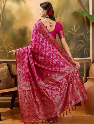 pink banarasi jacquard saree with rich zari weaving & tassel pallu     includes unstitched blouse 4