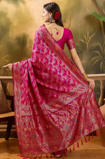 pink banarasi jacquard saree with rich zari weaving & tassel pallu     includes unstitched blouse