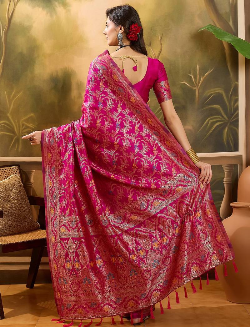 pink banarasi jacquard saree with rich zari weaving & tassel pallu     includes unstitched blouse