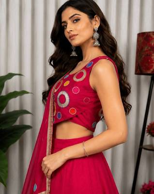 Rani Pink Embroidery and sequins and Aari mirror Silk Blend Lahenga Choli Set 2