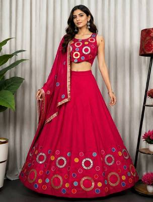 Rani Pink Embroidery and sequins and Aari mirror Silk Blend Lahenga Choli Set 3