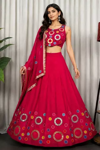 Rani Pink Embroidery and sequins and Aari mirror Silk Blend Lahenga Choli Set