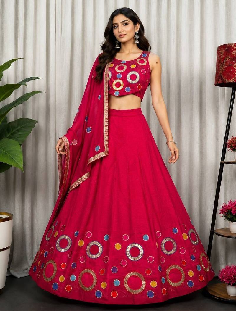 Rani Pink Embroidery and sequins and Aari mirror Silk Blend Lahenga Choli Set