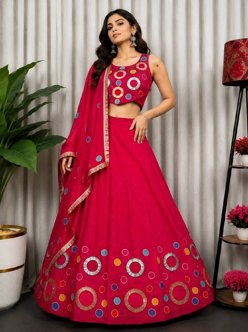 Rani Pink Embroidery and sequins and Aari mirror Silk Blend Lahenga Choli Set