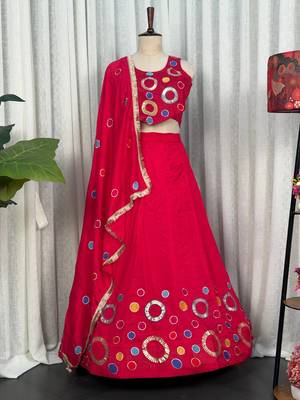 Rani Pink Embroidery and sequins and Aari mirror Silk Blend Lahenga Choli Set 5