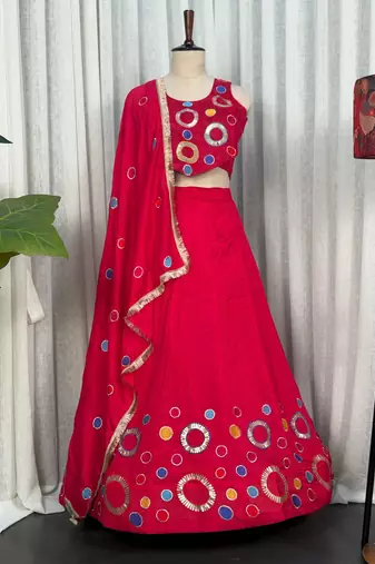 Rani Pink Embroidery and sequins and Aari mirror Silk Blend Lahenga Choli Set