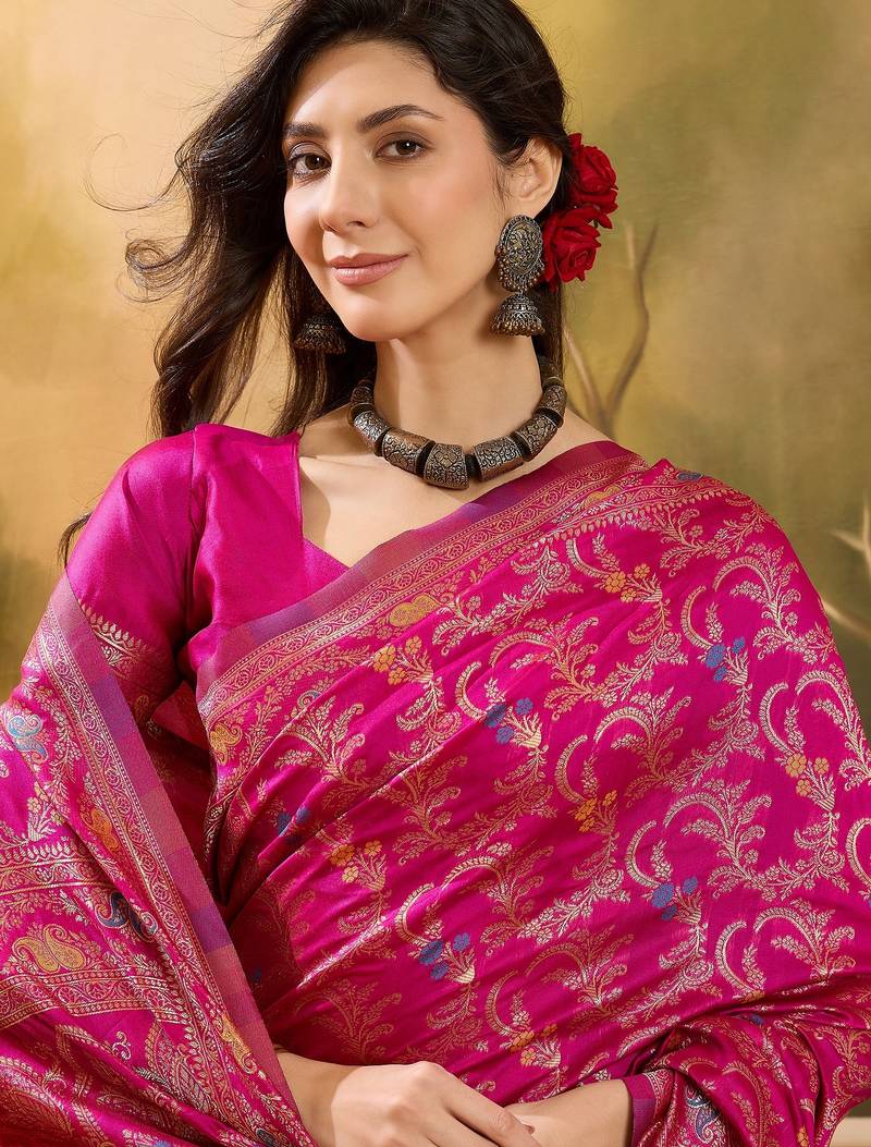 pink banarasi jacquard saree with rich zari weaving & tassel pallu     includes unstitched blouse