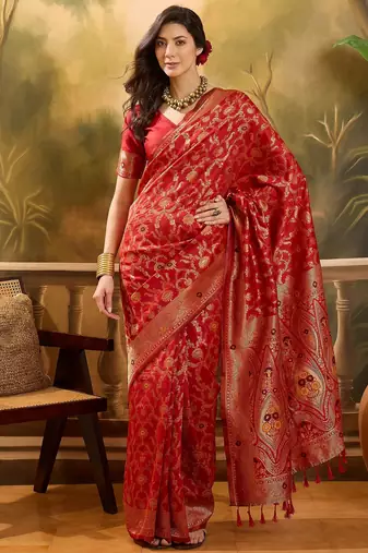 red banarasi jacquard saree with rich zari weaving & tassel pallu     includes unstitched blouse