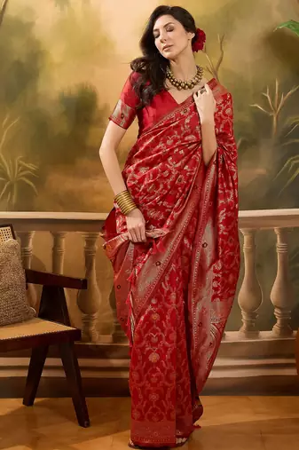 red banarasi jacquard saree with rich zari weaving & tassel pallu     includes unstitched blouse