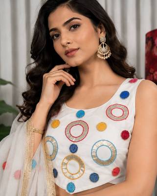 White Embroidery and sequins and Aari mirror Silk Blend Lahenga Choli Set 2