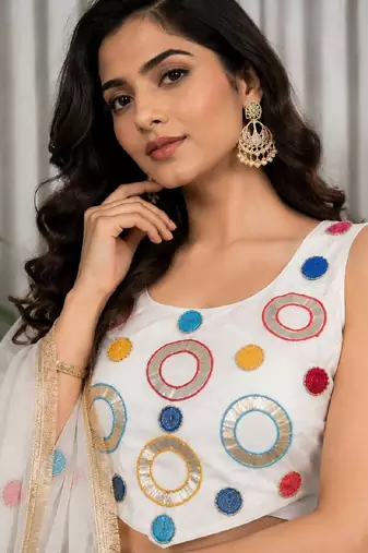 White Embroidery and sequins and Aari mirror Silk Blend Lahenga Choli Set