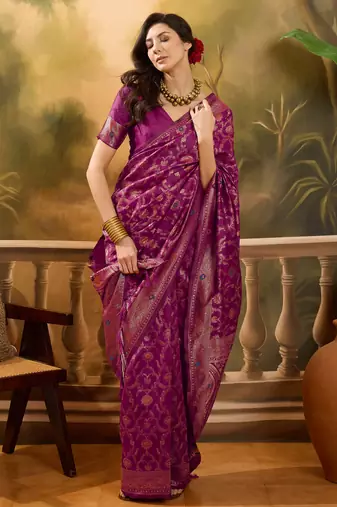 magenta banarasi jacquard saree with intricate zari weaving & tassel pallu and unstitched blouse