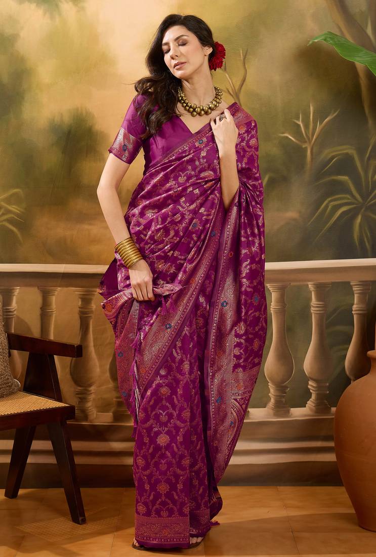 magenta banarasi jacquard saree with intricate zari weaving & tassel pallu and unstitched blouse