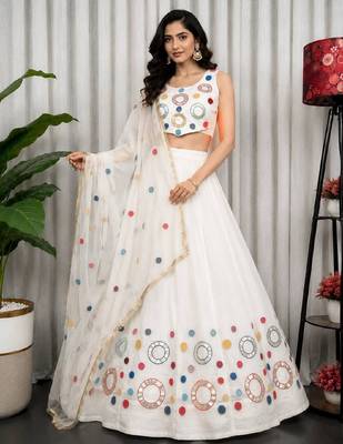White Embroidery and sequins and Aari mirror Silk Blend Lahenga Choli Set 3