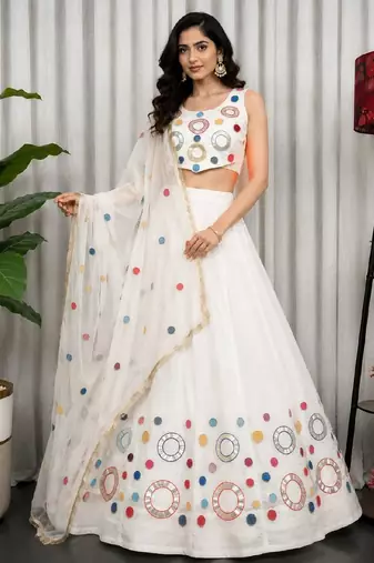 White Embroidery and sequins and Aari mirror Silk Blend Lahenga Choli Set