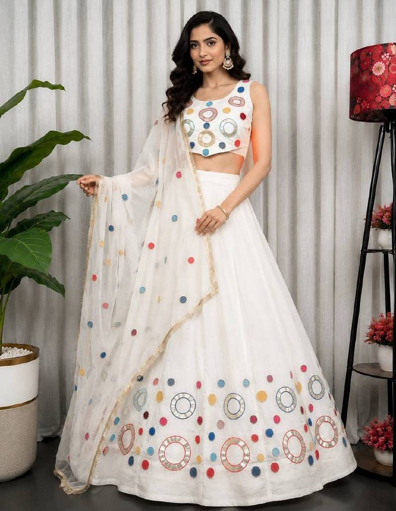 White Embroidery and sequins and Aari mirror Silk Blend Lahenga Choli Set