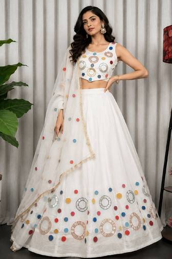 White Color Embroidery malti Thred work and sequins work and Aari mirror work Silk Blend Lahenga Choli Set