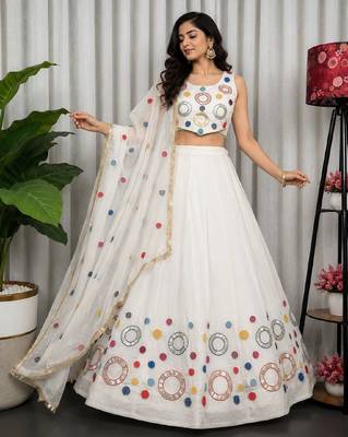 White Embroidery and sequins and Aari mirror Silk Blend Lahenga Choli Set 4