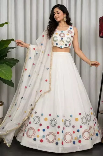 White Embroidery and sequins and Aari mirror Silk Blend Lahenga Choli Set