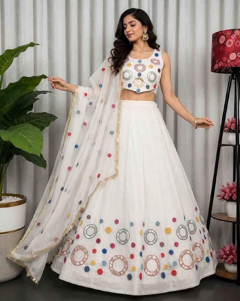 White Embroidery and sequins and Aari mirror Silk Blend Lahenga Choli Set