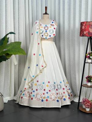 White Embroidery and sequins and Aari mirror Silk Blend Lahenga Choli Set 5