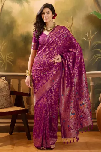 magenta banarasi jacquard saree with intricate zari weaving & tassel pallu and unstitched blouse