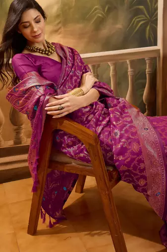 magenta banarasi jacquard saree with intricate zari weaving & tassel pallu and unstitched blouse