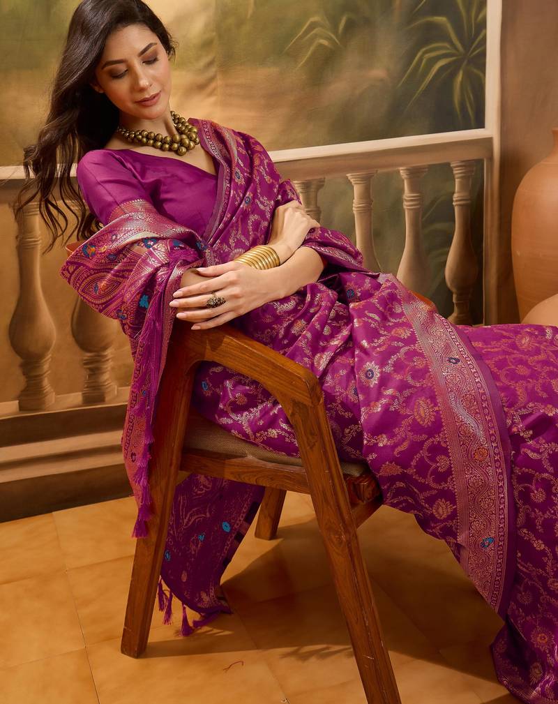 magenta banarasi jacquard saree with intricate zari weaving & tassel pallu and unstitched blouse