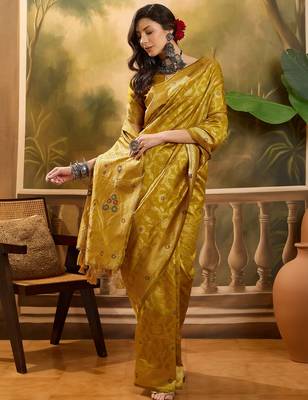 mustard banarasi jacquard saree with rich zari weaving & tassel pallu     unstitched blouse included 3