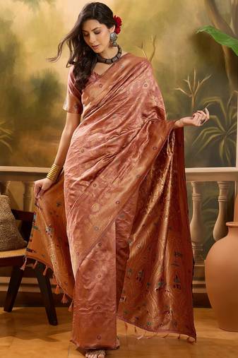 rose gold banarasi jacquard saree with zari weaving & tassel pallu     unstitched blouse included