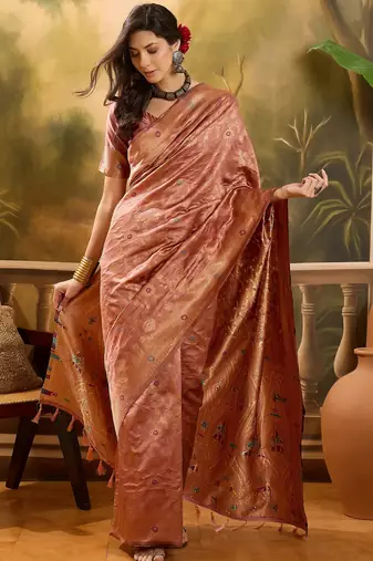 rose gold banarasi jacquard saree with zari weaving & tassel pallu     unstitched blouse included