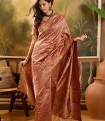 rose gold banarasi jacquard saree with zari weaving & tassel pallu     unstitched blouse included